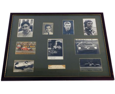 An automobile related photographic montage, depicting racing car drivers, various racing cars, etc, bearing some signatures f