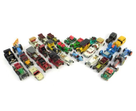 Dinky and Matchbox diecast vehicles, play worn, including Dinky Toys Austin Taxi, Matchbox Models of Yesteryear 1907 Peugeot,