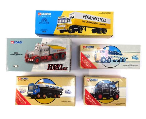 Corgi Classics, comprising Atkinson eight wheel rigid with crates, Scammell Highwayman cran, AEC elliptical tanker, Ferry Mas