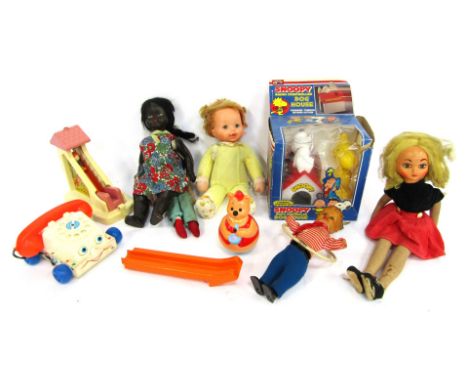 Various toys and dolls, including a Fisher Price pull along telephone, Ideal doll, Snoopy radio control dog house, etc. (1 bo