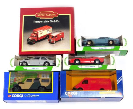 Diecast cars, comprising three Corgi Mobil models, Jaguar XJS Ferrari 308 GTS BMW 325i, Corgi Ford Transit, Corgi Collection 