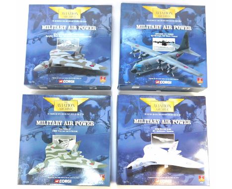 Four Corgi Aviation Archive diecast models, 1:144 scale, from the Military Air Power Series, comprising Avro Vulcan B2 XM607 