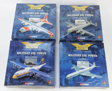 Four Corgi Aviation Aircraft diecast models, 1:144 scale, from the Military Air Power Series, comprising Lockheed KC-130F Her