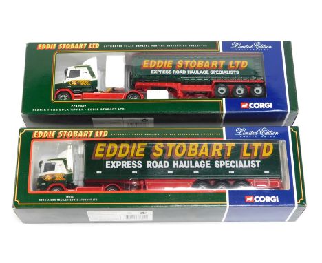 Two Corgi diecast Eddie Stobart lorries, comprising a Scania T can bulk tipper CC12802, and the Scania box trailer 76602, box