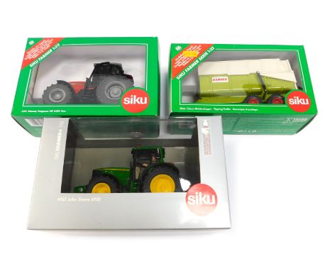 Three Siku farm vehicle models, comprising 3251 Massey Ferguson MF8280 Ultra, 2866 Claas Mulden Kipper tipping trailer, and a