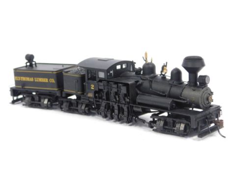 A Spectrum from Bachmann HO gauge 80-ton three truck Shay locomotive, black livery and sign written Ely-Thomas Lumber Co 2 (w