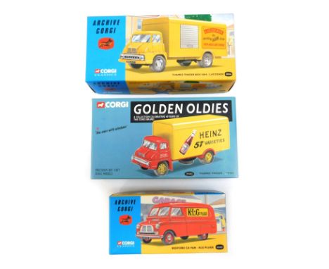 Three Corgi diecast vehicles, comprising Archive Corgi Bedford CA van KLG Plugs, Thames Trader box van, Lucozade, and a Corgi
