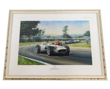 After Alan Fearnley. Fangio, limited edition artist print of Juan Manual Fangio on his way to victory in his Mercedes Benz W1