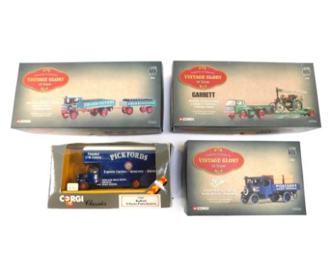 Three Corgi Vintage Glory of Steam models, comprising a Bedford TK low loader, a Sentinel drop side wagon, a Foden drop side 