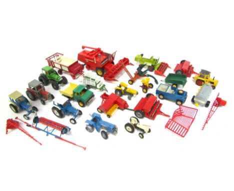 Britains diecast farm vehicles, including a 1978 Massey Ferguson combine harvester, a 595 Massey Ferguson tractor, Mercedes U
