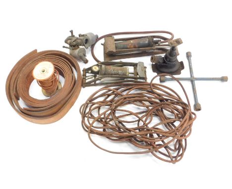 A group of wiring, Dunlop foot pump, safety foot pump, axle, an SU Adderley Park carburetor, etc. (2 boxes) 