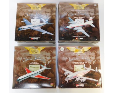 Four Corgi Aviation Archive diecast models, 1:144 scale, comprising DH Comet 4BOAC, DC Comet 4D British European Airways, Loc