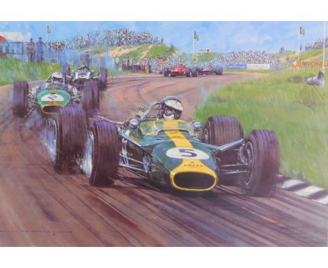 After Nicholas Watts. Jim Clark OBE, signed limited edition print 49/500, bearing further signatures, 45cm x 64cm.