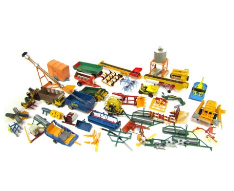 Britains Dinky and other farming implements, including Corgi freights dumper, ploughs, seed drills, grain elevator, etc. (2 t