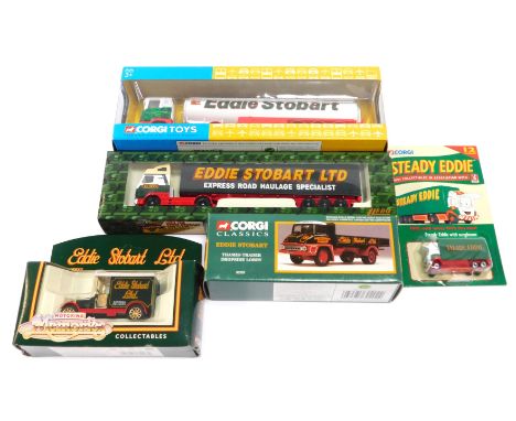 Corgi Eddie Stobart trucks, comprising a Super Haulers Scammell, Corgi Steady Eddie mini model, Eddie Stobart Motoring Memori