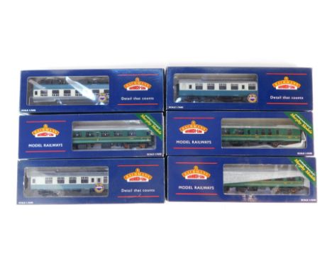 Six Bachmann Branchline OO gauge coaches, to include MK2BSO coach, BRMK1 Express passenger BSK, BRMK1 corridor SK, etc. 