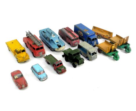 A group of diecast playworn vehicles, Dinky and others, to Leyland, Comet, fire engine, fire engine, electronic van and other