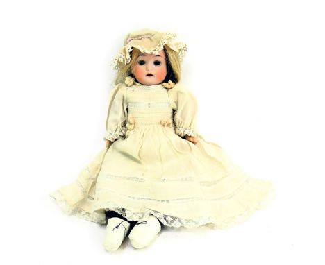 A S &amp; W Germany porcelain bisque headed doll, with roll blue eyes and open mouth, No 24112-0, with material body, 28cm hi