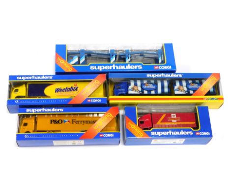 Five Corgi Super Haulers, comprising Scania car transporter ECM, Renault Premium curtain sider P&amp;O, ERF short wheel base 