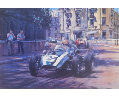 After Nicholas Watts. World Champions 1959, limited edition 9/500, signed print by the artist and by Sir Jack Brabham and Joh