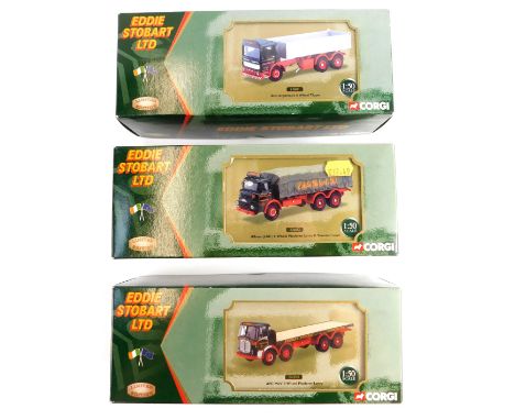 Three Corgi Eddie Stobart trucks, comprising Albion Lad six wheel platform lorry and sheeted load, 23602, AEC MKV eight wheel