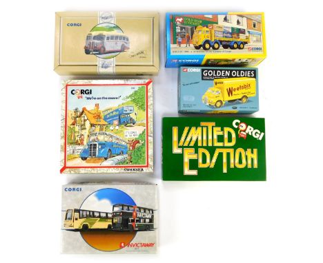 A group of Corgi diecast vehicles, comprising We're On the Move From Swansea To Leicester, the AEC Regal 1AEC Regal, Invictaw