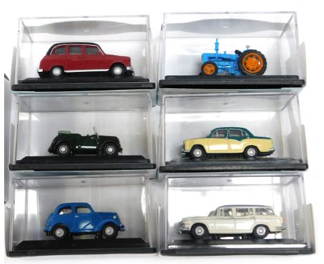 Oxford 1-76 Railway scale vehicles, to include tractors and cars, boxed. (6) 