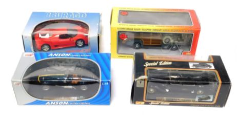 Four model cars 1:18 scale, comprising a Maisto Citroen 15 CV6 CYL, a Burago Ferrari F50, Anson Collectables Caterham Super 7