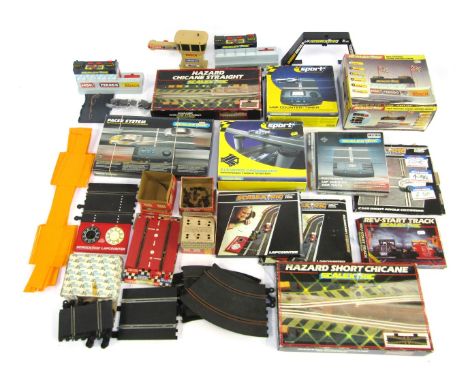 Scalextric boxed and unboxed accessories, including elevated crossover, Scalextric pole position sound control centre, C249 r