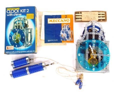 Various Meccano, to include a Meccano clock kit 2 with chime, loose Meccano, motor, etc. (2 boxes)
