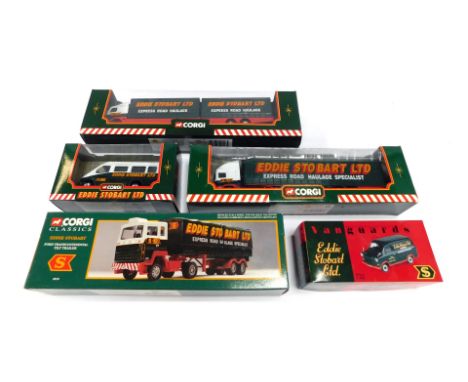 Corgi and Vanguards Eddie Stobart models, comprising a Volvo short wheel base lorry, ERF curtain side trailer, a detailed Sca