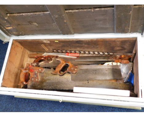 A boxed quantity of tools including saws