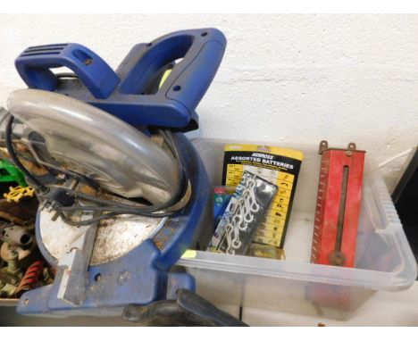 Two boxes of tools &amp; other sundries including an Challenge Extreme chop saw