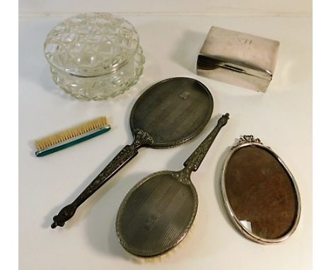 A hallmarked silver photo frame with decorative finial twinned with a silver cigar box a/f &amp; a quantity of dressing table