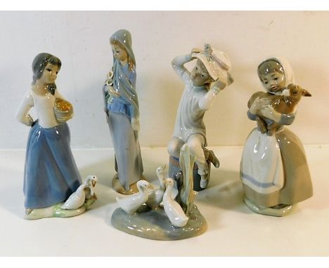 Five Spanish porcelain figures including Lladro, Nao &amp; Tengra, geese group at front, one goose lacking end of beak