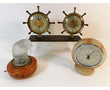 A swift barometer &amp; thermometer twinned with one other &amp; a frosted parrot type lamp