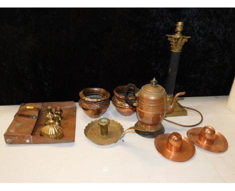 A Corinthian column lamp base 15in tall twinned with copper &amp; brass wares 