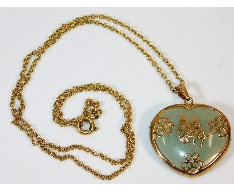 A 9ct gold chain &amp; pendant set with jade &amp; gold Oriental text 17in chain 8.8g