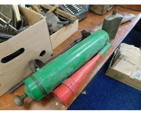 A vintage air gun a/f twinned with a pump fire extinguisher &amp; a military style army water can