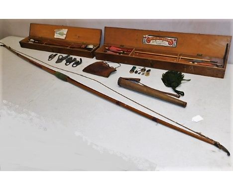 A vintage longbow with various accessories, badges &amp; 17 arrows within two boxes