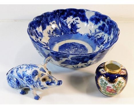 A c.1900 Chinese blue &amp; white bowl (chip to rim) 9.5in diameter, an 18thC. Worcester hand painted porcelain vase (repaire