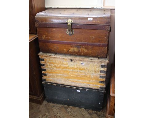 Two Victorian pine storage boxes and a metal steamer trunk