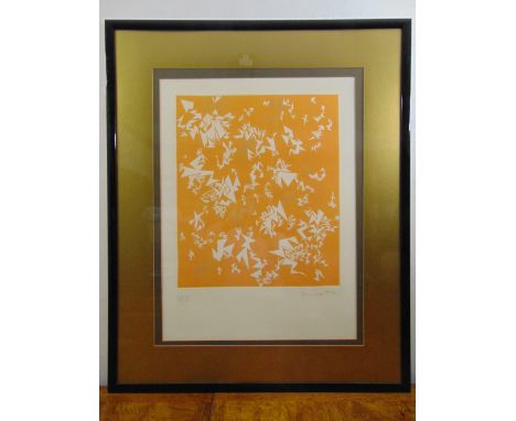 A framed and glazed indistinctly signed artist proof lithograph, abstract form against a yellow ground, 50 x 42cm