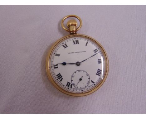 Record Dreadnought 9ct yellow gold open face pocket watch with white enamel dial, Roman numerals and subsidiary seconds hand,