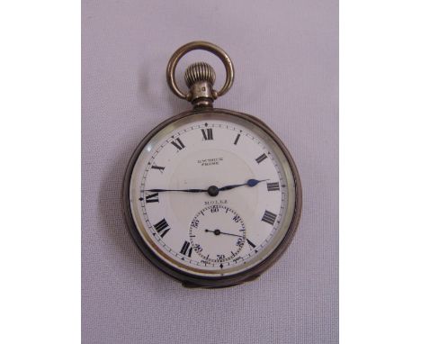 Rolex silver cased open faced pocket watch, white enamel dial, Roman numerals with subsidiary seconds, Birmingham 1923 retail