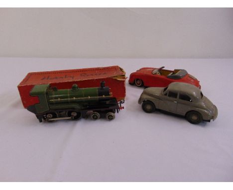 Hornby O gauge engine in original packaging and two tin plate motor cars