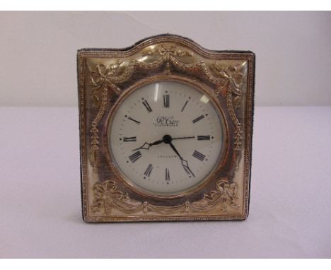 R. Carr silver mounted desk clock, white enamel dial with Roman numerals
