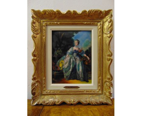 A framed and glazed Limoges enamel of a lady in 18th century dress with a legend Mme Bergeret signed bottom left, 23 x 17cm