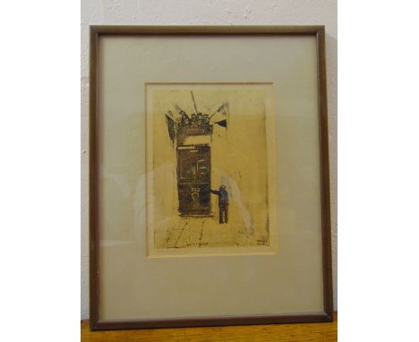 Peter Brook (1927-2009) framed and glazed signed limited edition print depicting a trolley bus titled Off T' Match, pencil si