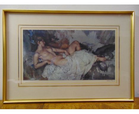 Russell Flint framed and glazed lithograph with blind stamp of a semi naked recumbent beauty, signed bottom right, 31 x 58cm